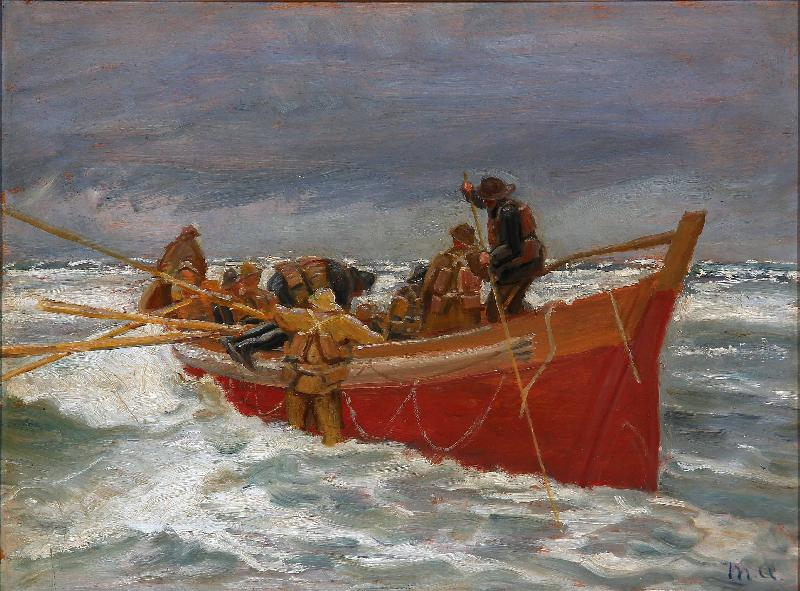 Michael Ancher The red rescue boat on its way out oil painting image